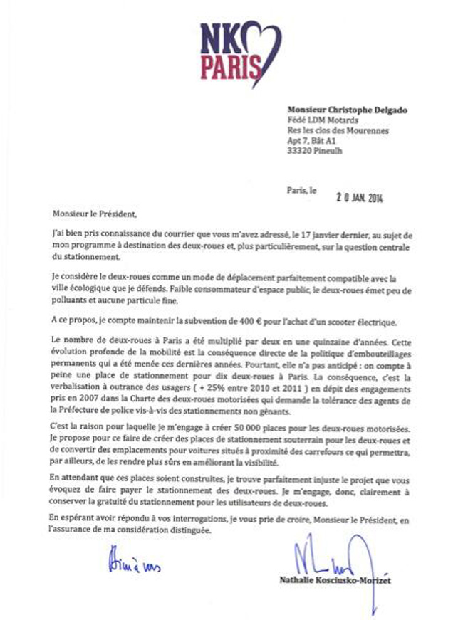 Stationnement moto à Paris : la réponse de NKM