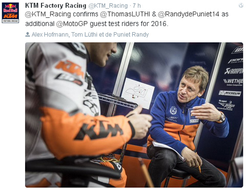 MotoGP : Randy de Puniet et Thomas Luthi pilotes d'essai chez KTM