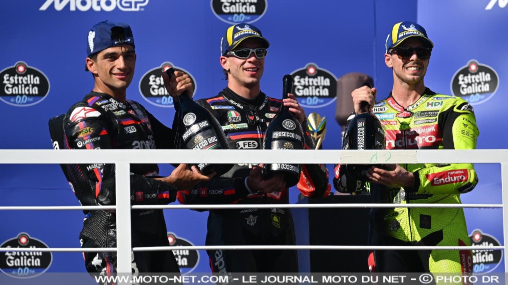 Résultats du Grand Prix MotoGP du Brésil 2026 à Goiânia

Marco Bezzecchi et son coéquipier Jorge Martin signe un doublé Aprilia au Grand Prix du Brésil 2026, alors que la course principale a été raccourcie de 31 à 23 tours en raison d'une dégradation de la piste de Goiânia. Marc Marquez, vainqueur au sprint, sauve la 5ème place après un beau duel avec le poleman Di Giannantonio. Week-end à oublier pour les français... 
