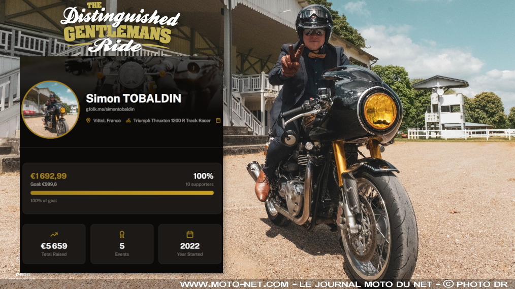 Interview MNC du plus généreux des français à la DGR 2026

Simon Tobaldin, vous connaissez ? Moto-Net.Com non plus. Enfin,  pas avant son email reçu dans la foulée de la Distinguished Gentleman's Ride 2026. Ce motard a levé plus de 5600 euros de dons en cinq éditions et figure à la première place du ''chart'' français 2026. Mais l'essentiel est ailleurs, chez Triumph Vittel AMR ! Interview.
